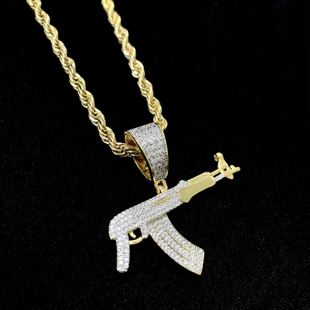 EXCLUSIVE AK47 PENDANT NECKLACE 18K GOLD FULL LAB DIAMONDS CHAIN MADE IN ITALY!